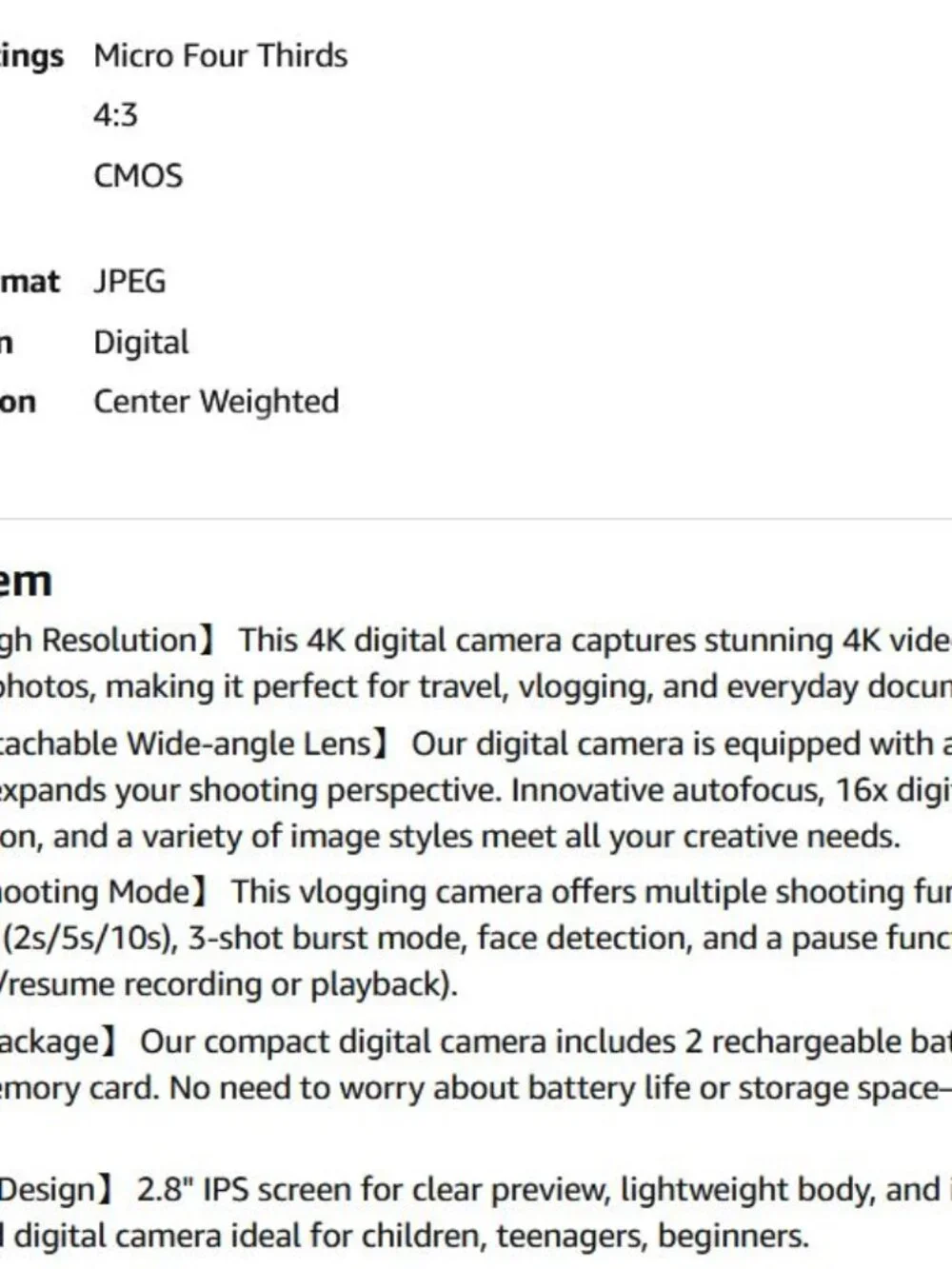 NEW 4K Digital Camera with Wide Angle Lens - White